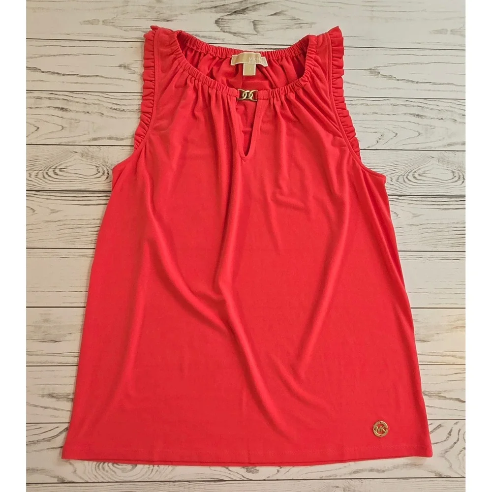 Michael Kors Bright Pink Coral‎ Ruffle Neck Keyhole Sleeveless Top Size Medium